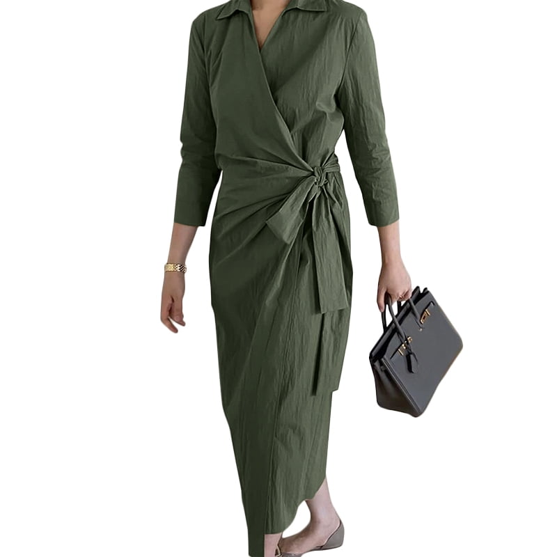 ZANZEA Womens Long Sleeve Belted Wrap Dress Plain Office Work Dresses |  Walmart Canada